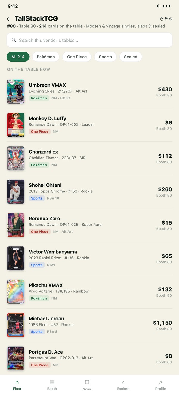 Search a vendor's table — their live inventory across Pokémon, One Piece, and sports, with condition, price, and booth number.