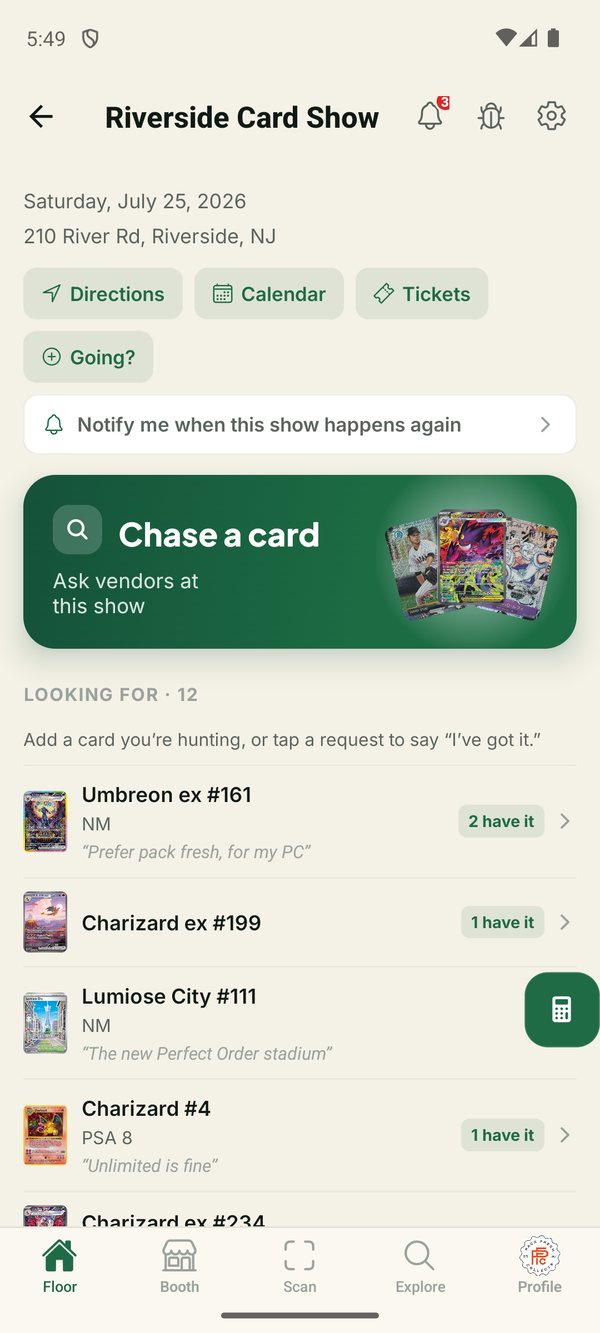 The want board for a show — cards collectors are chasing, with vendors replying "I've got it."